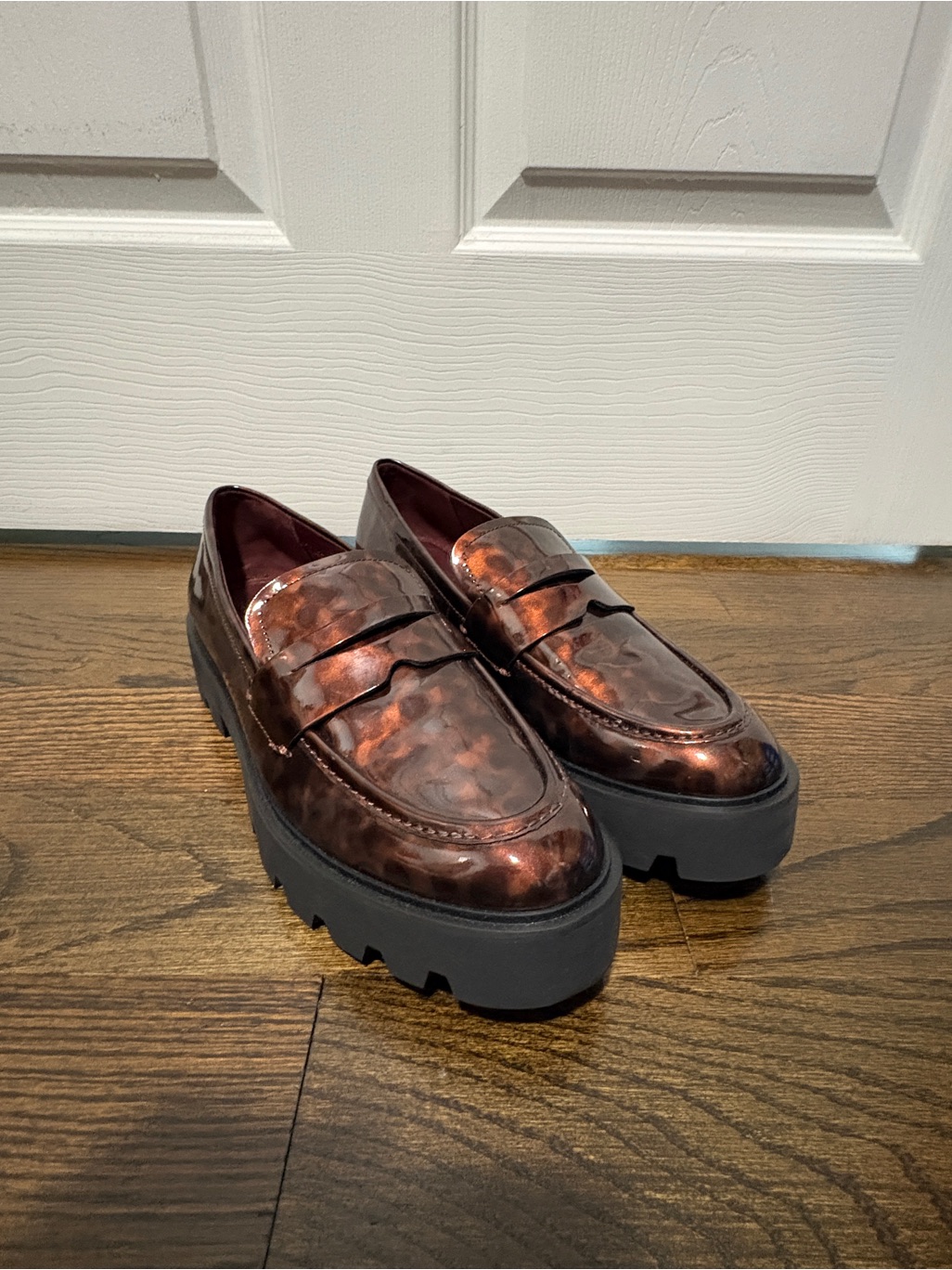 Franco Sarto Metallic Copper Penny Loafers With Chunky Black Lug Sole